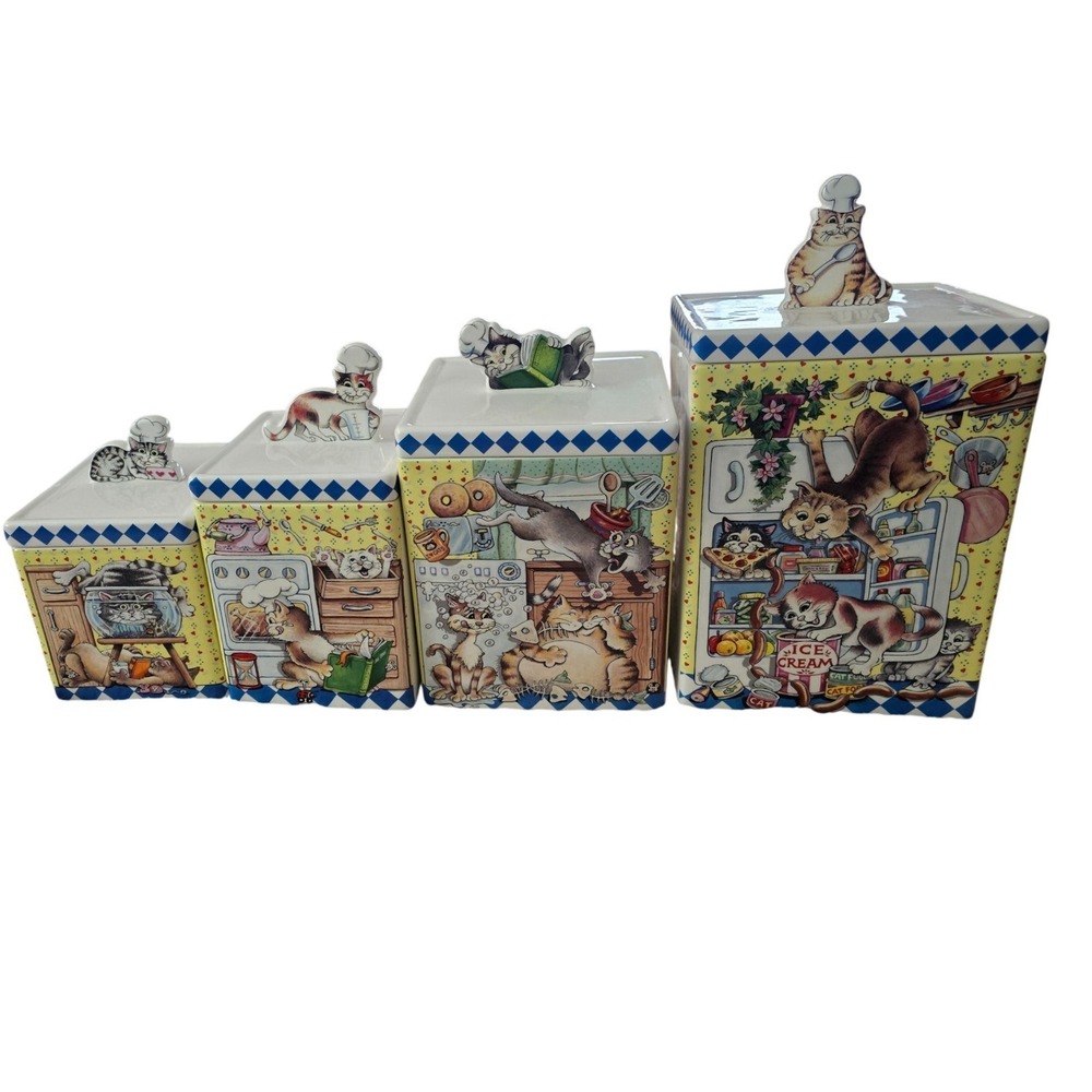 Gary Patterson Danbury Mint Colorful Cats Ceramic Canister Set 4pc Vintage